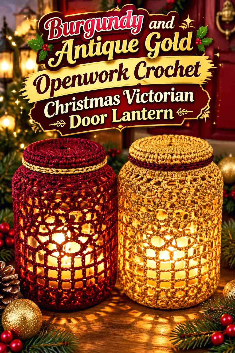 Burgundy and Antique Gold Openwork Crochet Christmas Victorian Door Lantern
