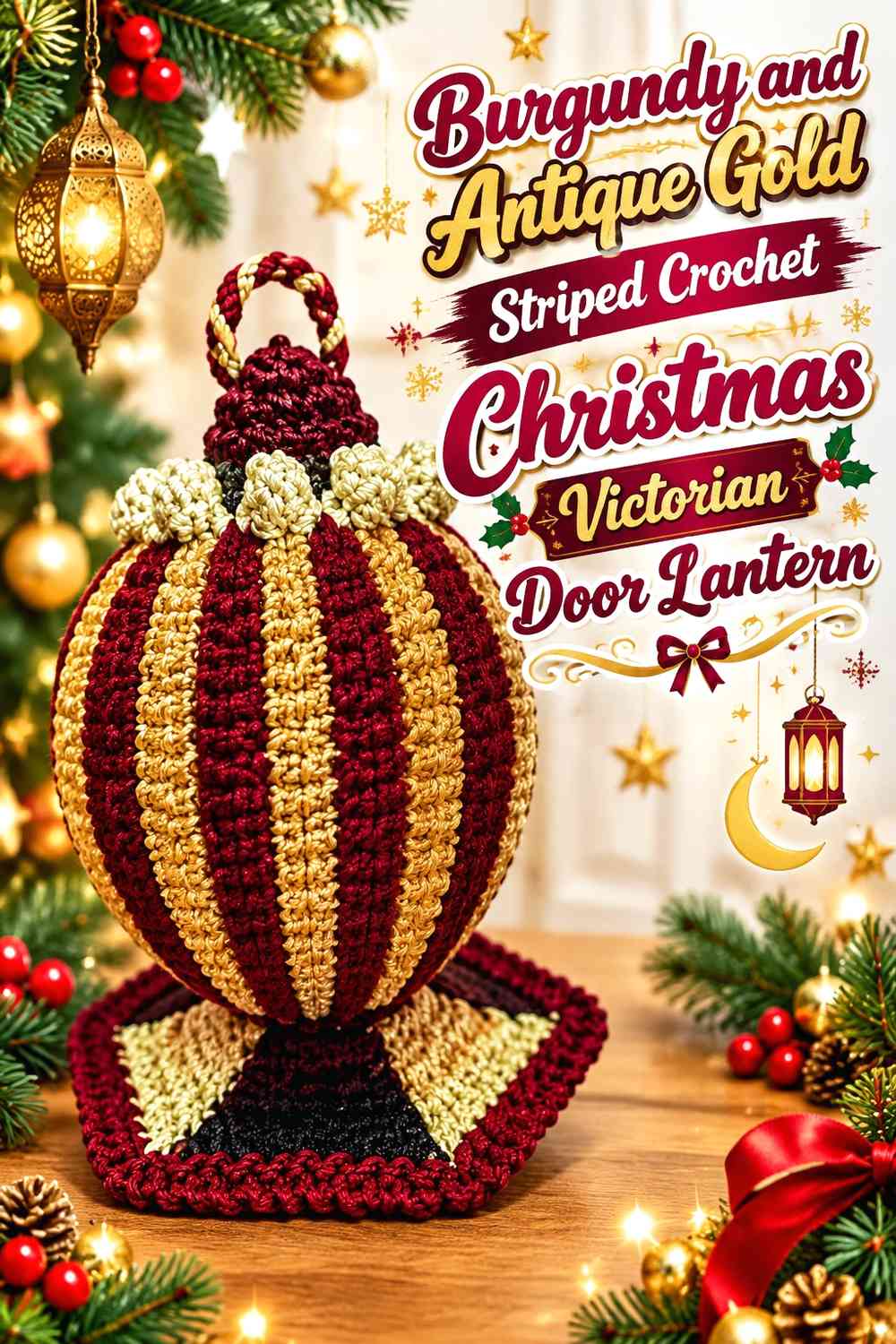 Burgundy and Antique Gold Striped Crochet Christmas Victorian Door Lantern