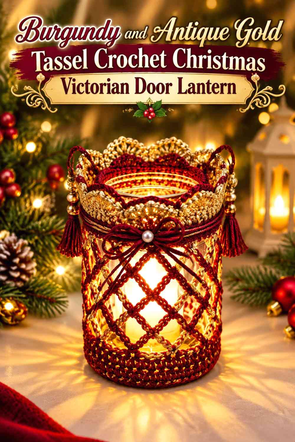 Burgundy and Antique Gold Tassel Crochet Christmas Victorian Door Lantern