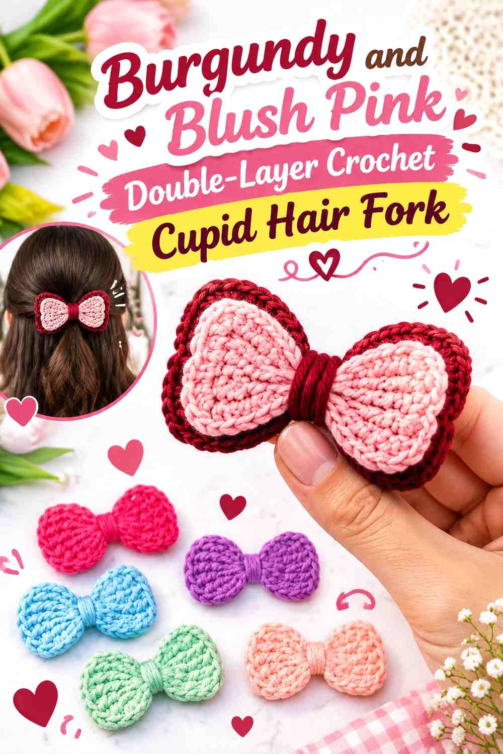 Burgundy and Blush Pink Double-Layer Crochet Cupid Hair Fork