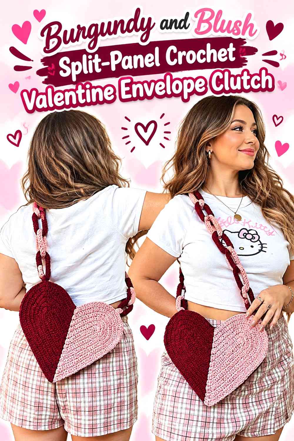 Burgundy and Blush Split-Panel Crochet Valentine Envelope Clutch