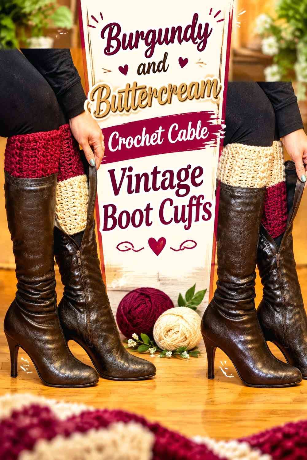 Burgundy and Buttercream Crochet Cable Vintage Boot Cuffs