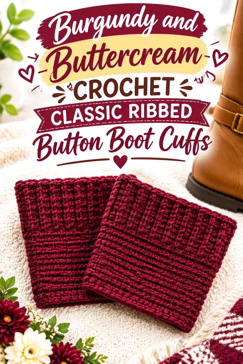 Burgundy and Buttercream Crochet Classic Ribbed Button Boot Cuffs