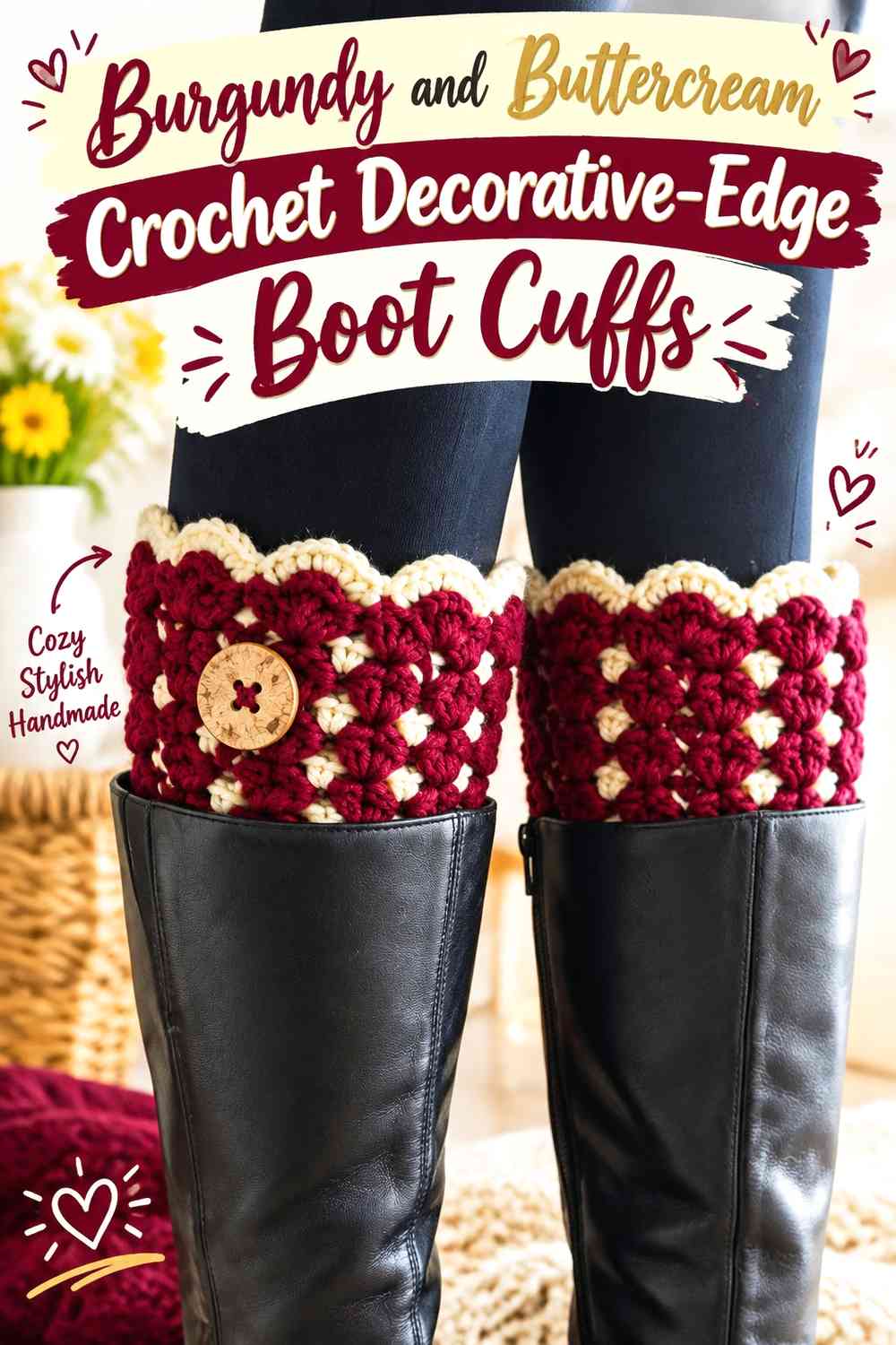 Burgundy and Buttercream Crochet Decorative-Edge Boot Cuffs