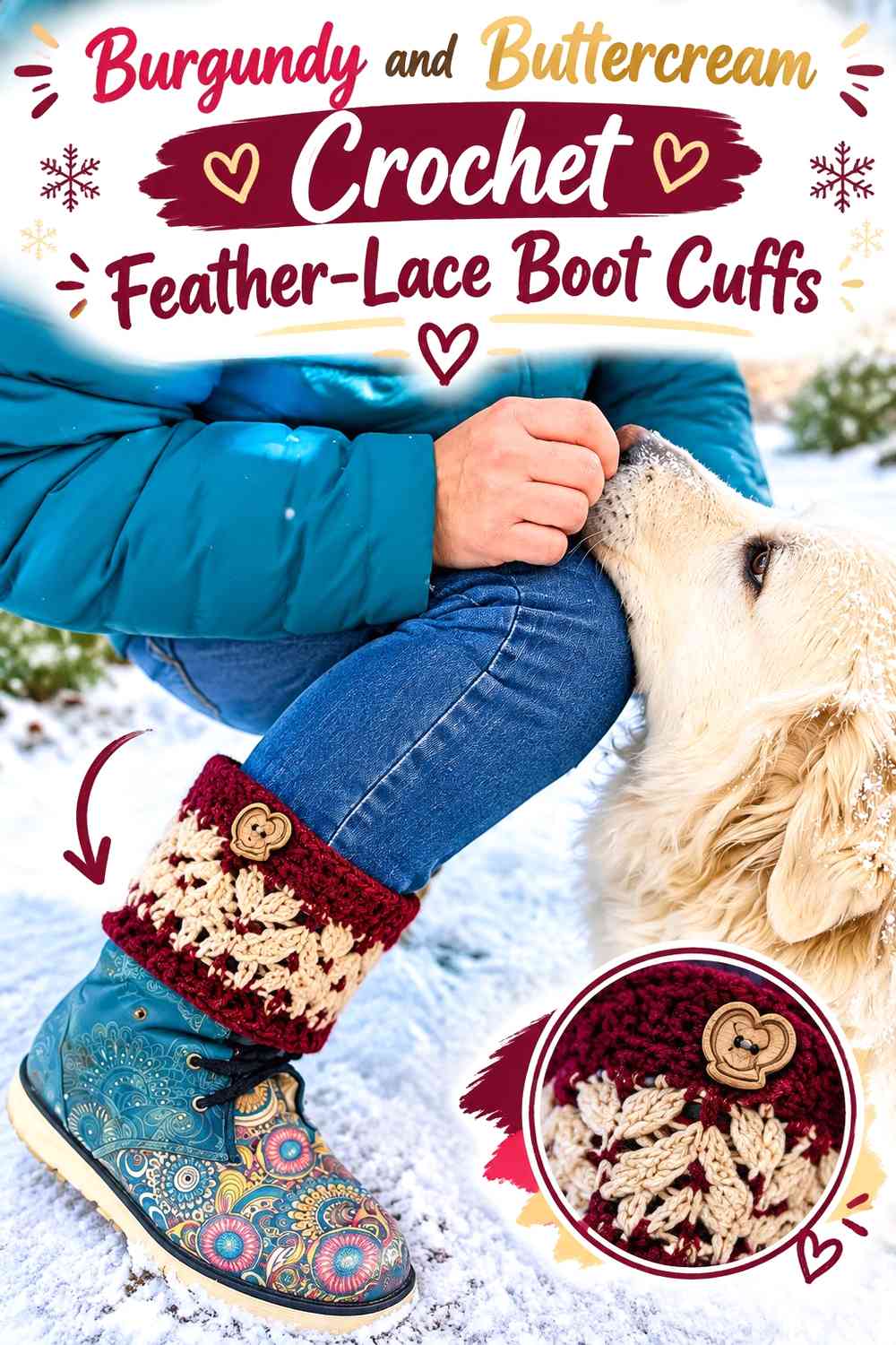 Burgundy and Buttercream Crochet Feather-Lace Boot Cuffs