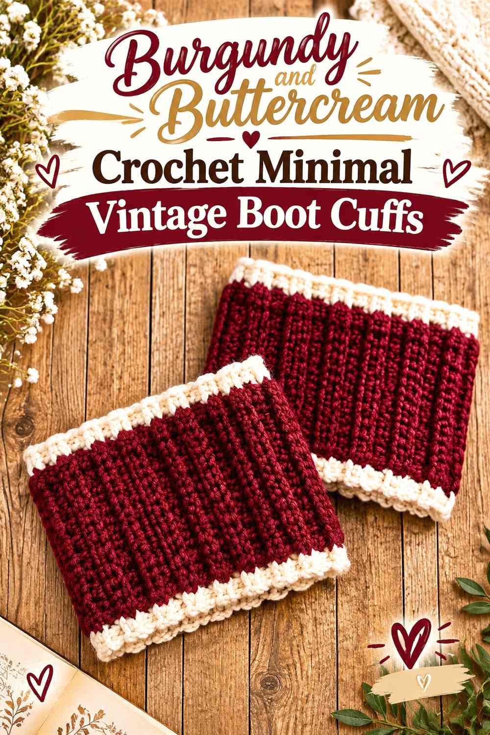 Burgundy and Buttercream Crochet Minimal Vintage Boot Cuffs