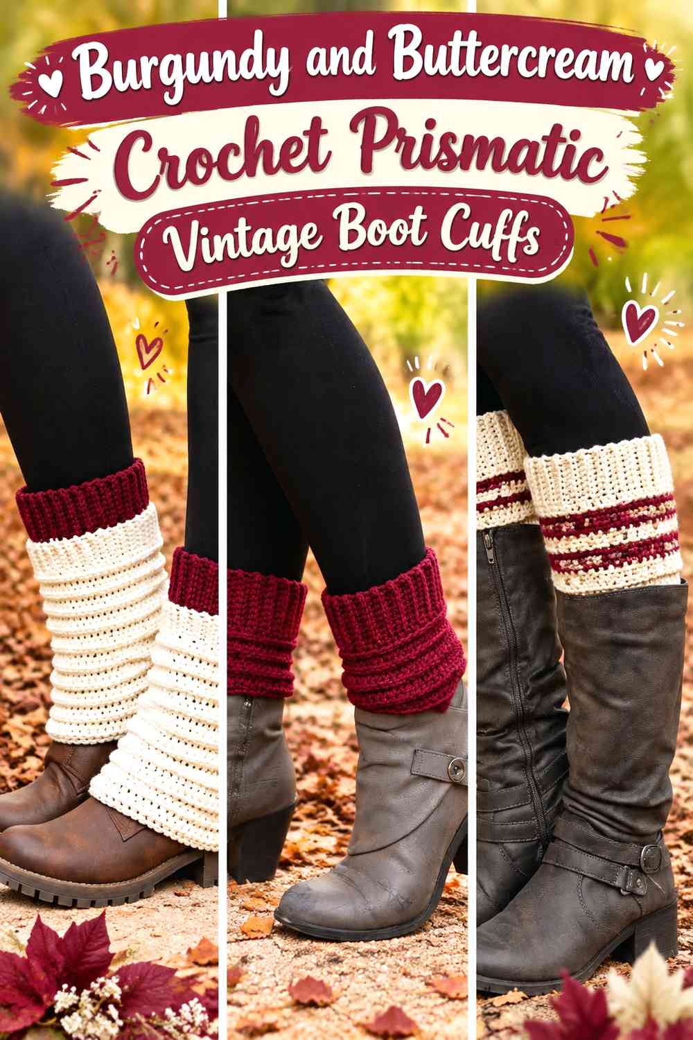 Burgundy and Buttercream Crochet Prismatic Vintage Boot Cuffs