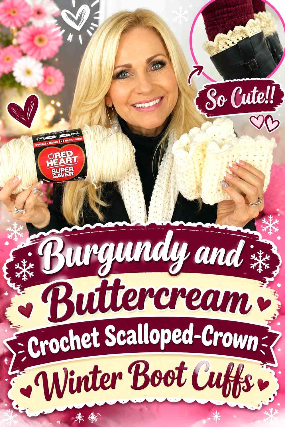 Burgundy and Buttercream Crochet Scalloped-Crown Winter Boot Cuffs