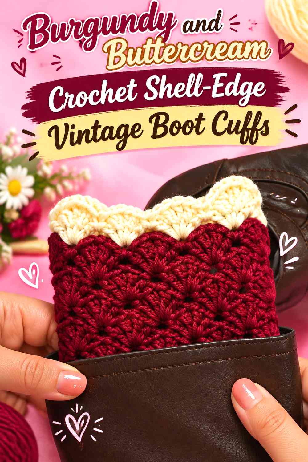 Burgundy and Buttercream Crochet Shell-Edge Vintage Boot Cuffs