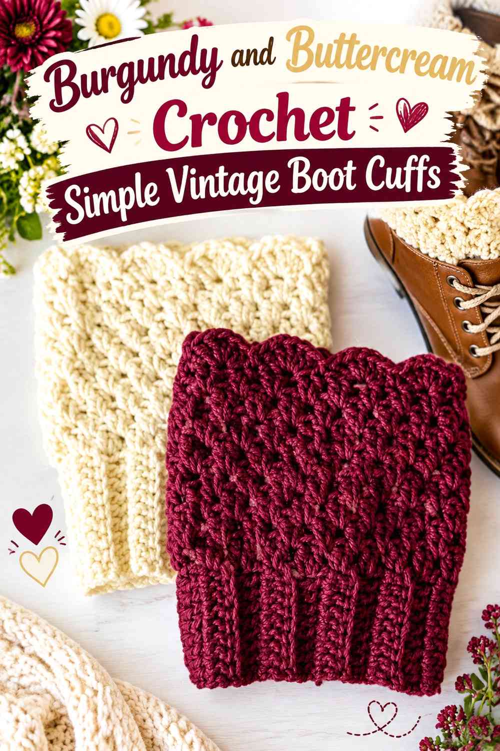 Burgundy and Buttercream Crochet Simple Vintage Boot Cuffs