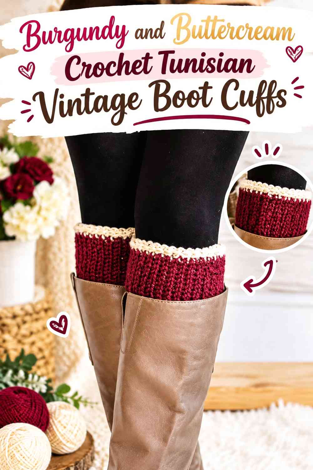 Burgundy and Buttercream Crochet Tunisian Vintage Boot Cuffs