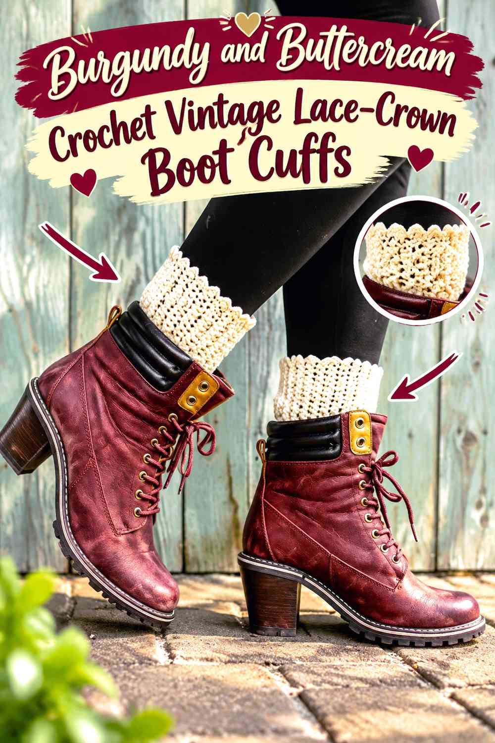 Burgundy and Buttercream Crochet Vintage Lace-Crown Boot Cuffs