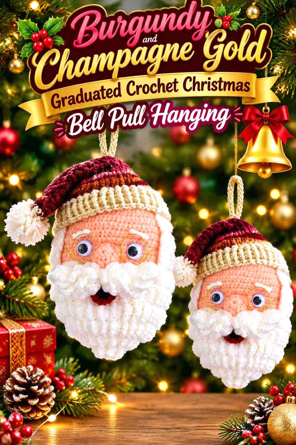 Burgundy and Champagne Gold Graduated Crochet Christmas Bell Pull Hanging