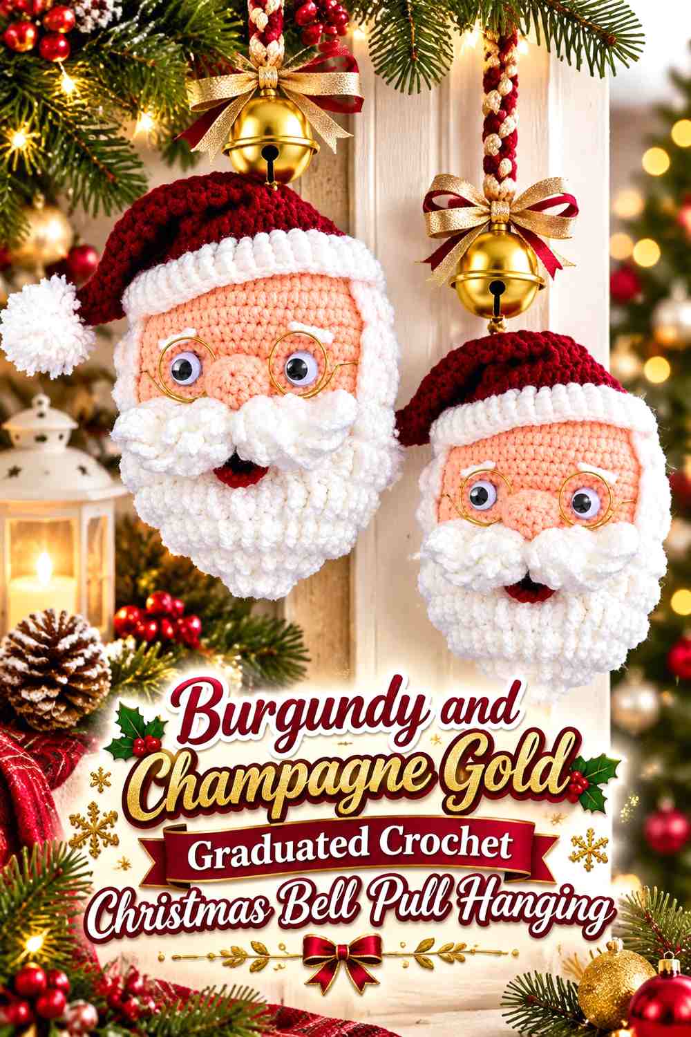 Burgundy and Champagne Gold Graduated Crochet Christmas Bell Pull Hanging