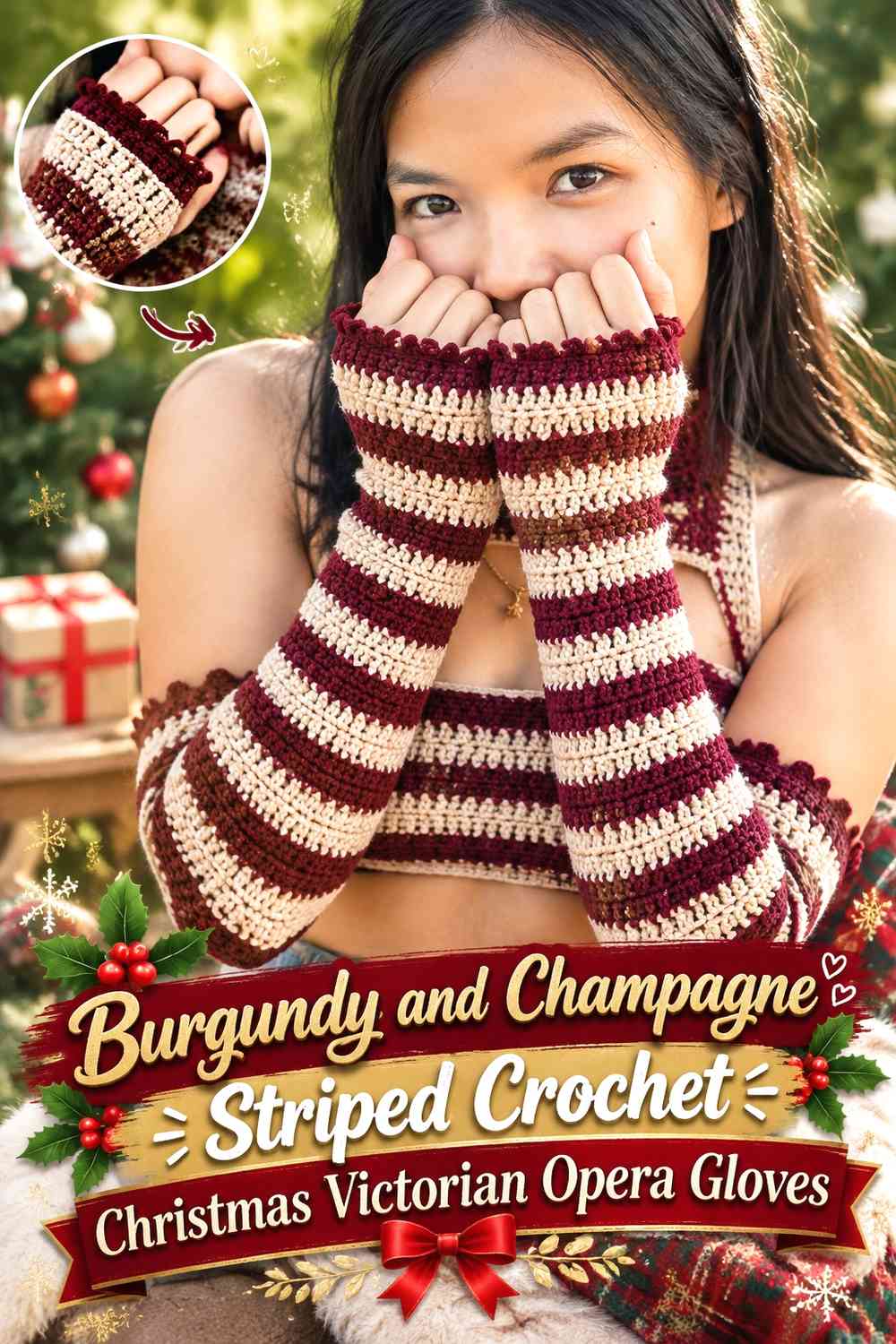 Burgundy and Champagne Striped Crochet Christmas Victorian Opera Gloves