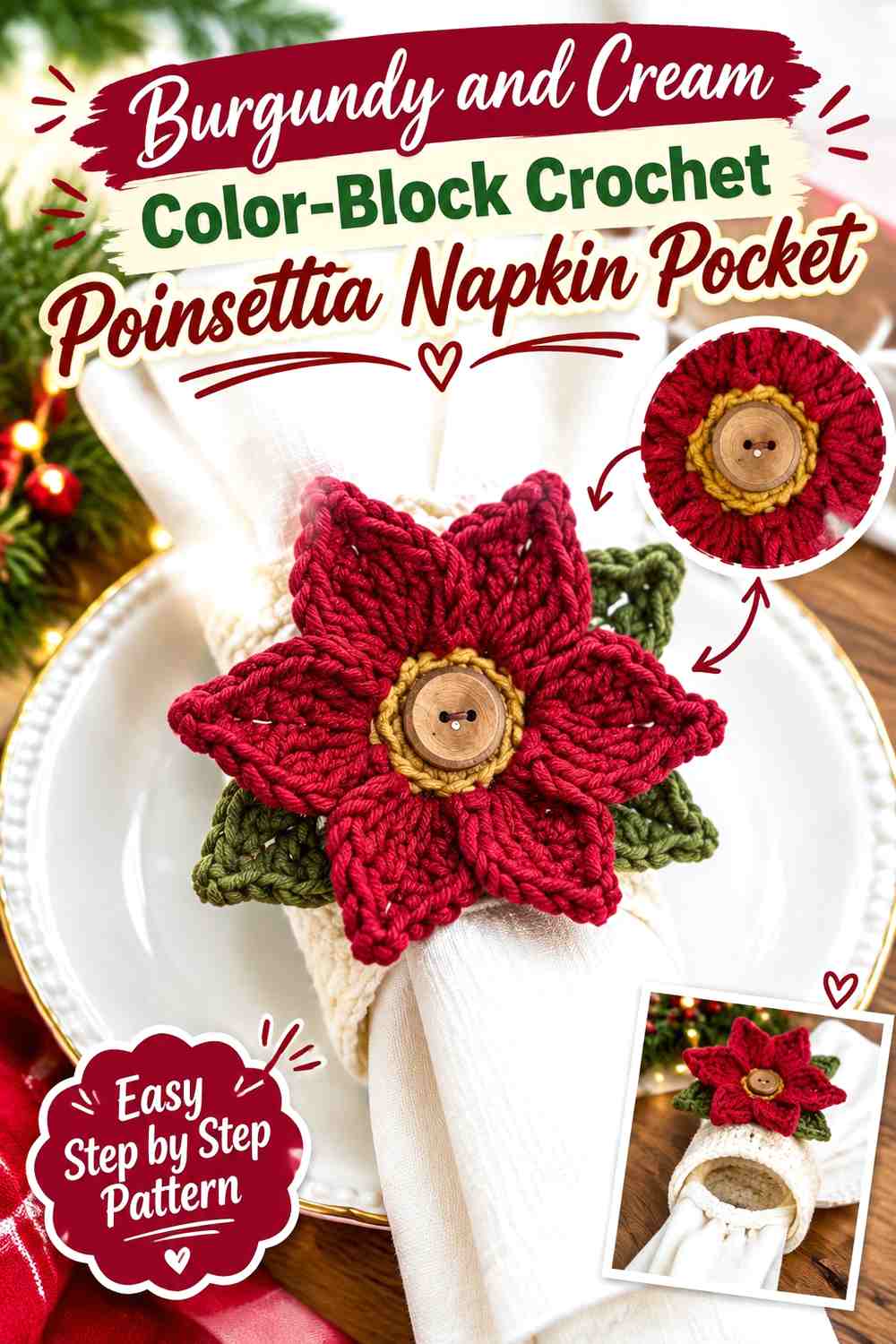 Burgundy and Cream Color-Block Crochet Poinsettia Napkin Pocket