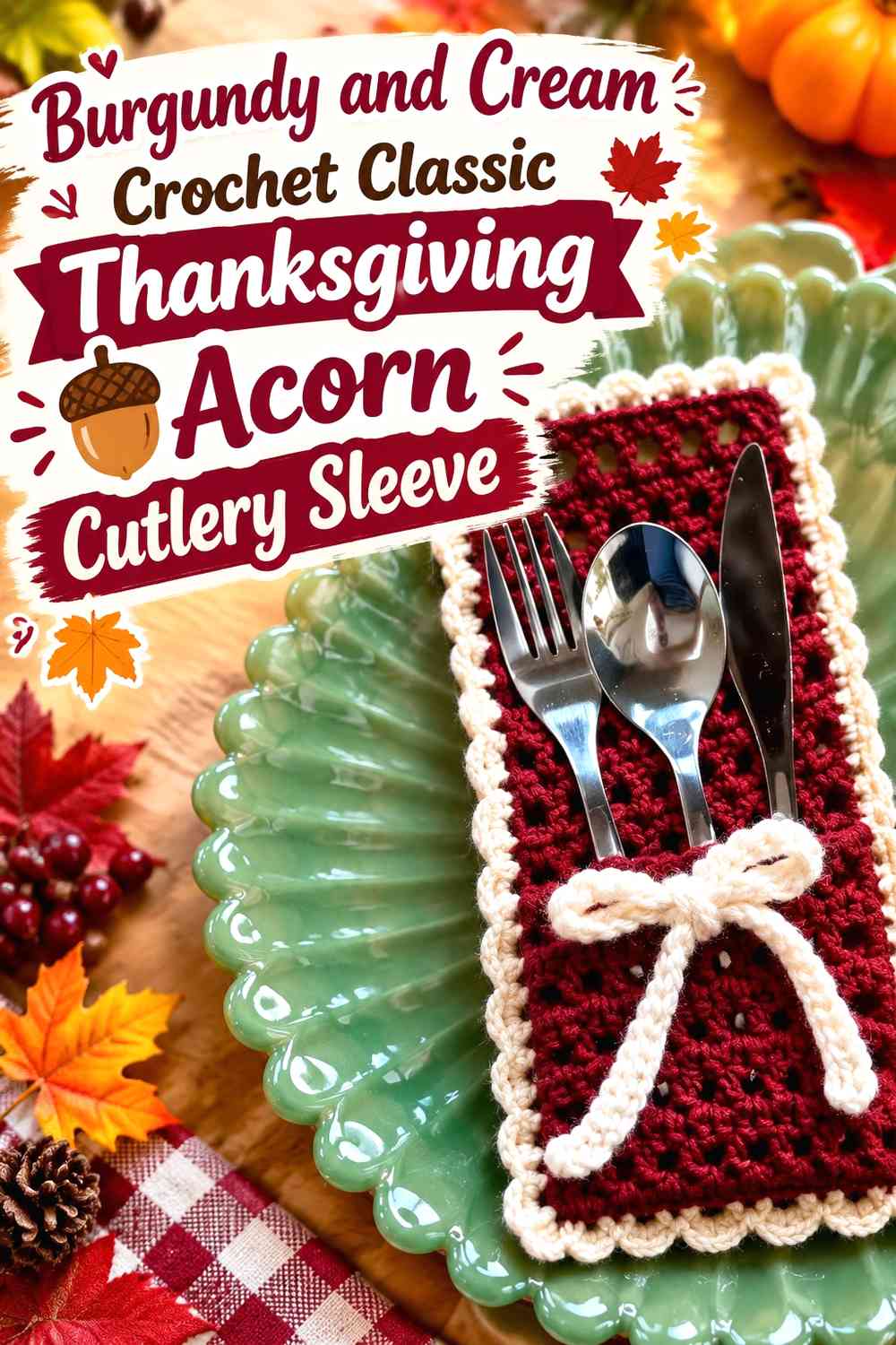 Burgundy and Cream Crochet Classic Thanksgiving Acorn Cutlery Sleeve