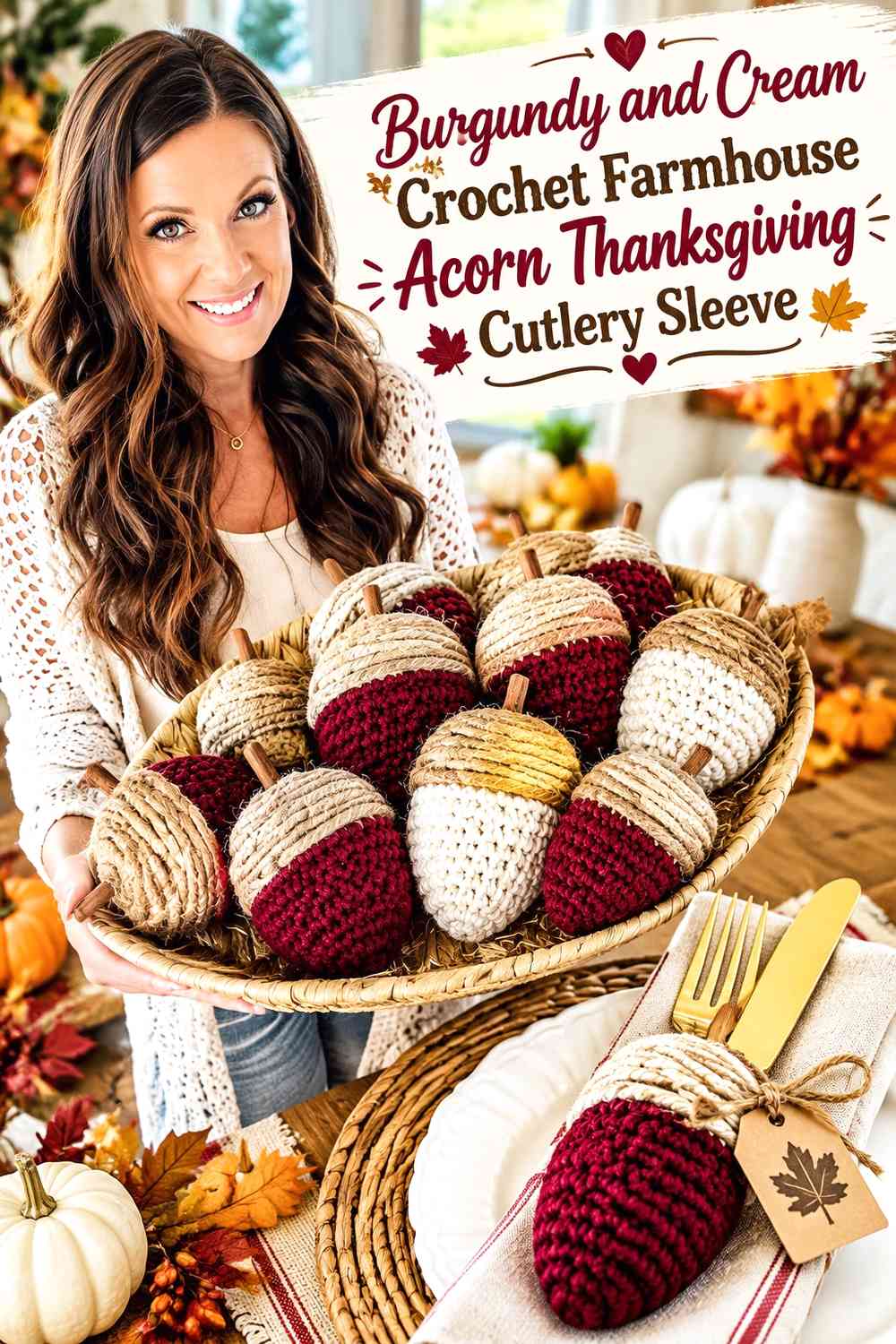 Burgundy and Cream Crochet Farmhouse Acorn Thanksgiving Cutlery Sleeve