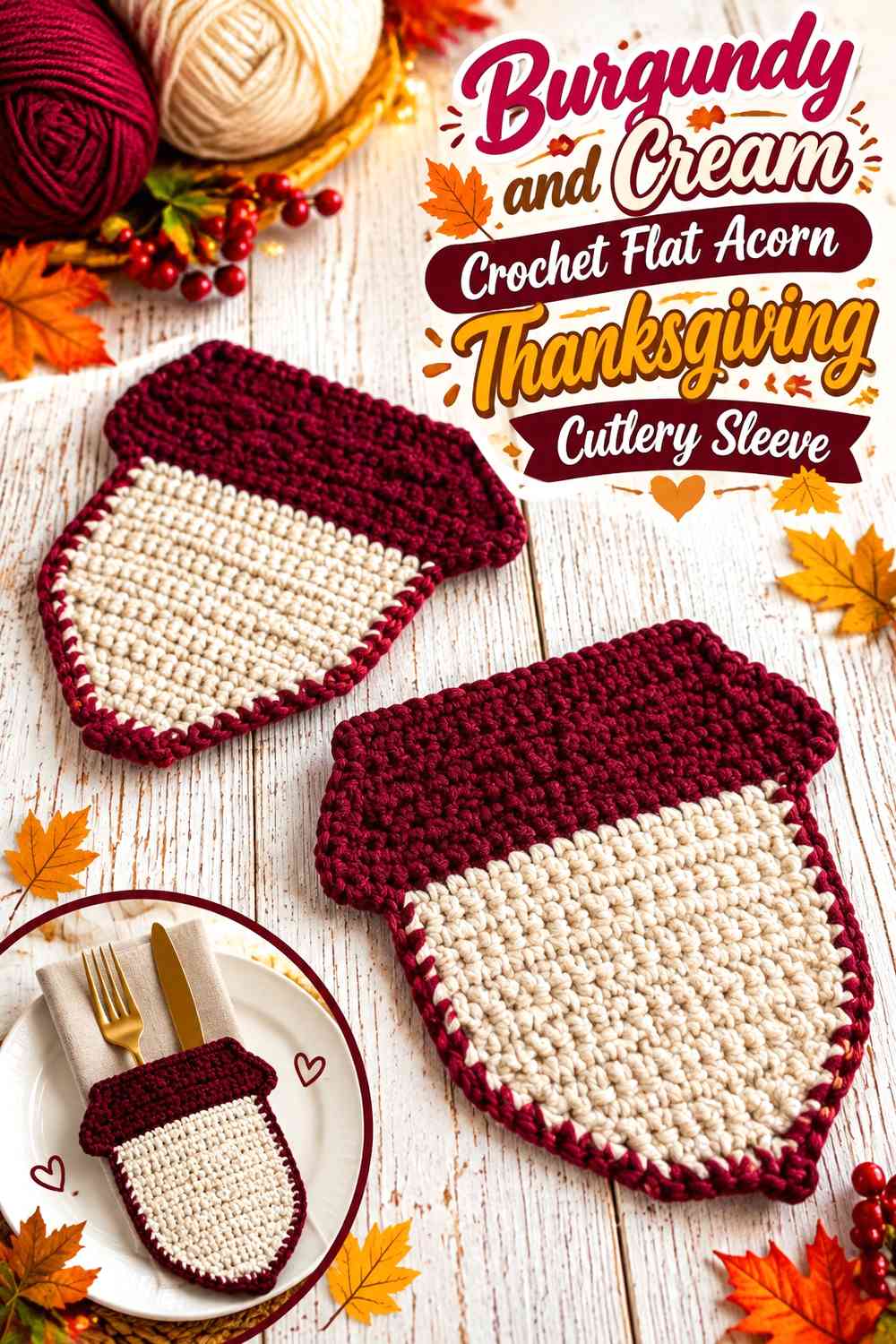 Burgundy and Cream Crochet Flat Acorn Thanksgiving Cutlery Sleeve