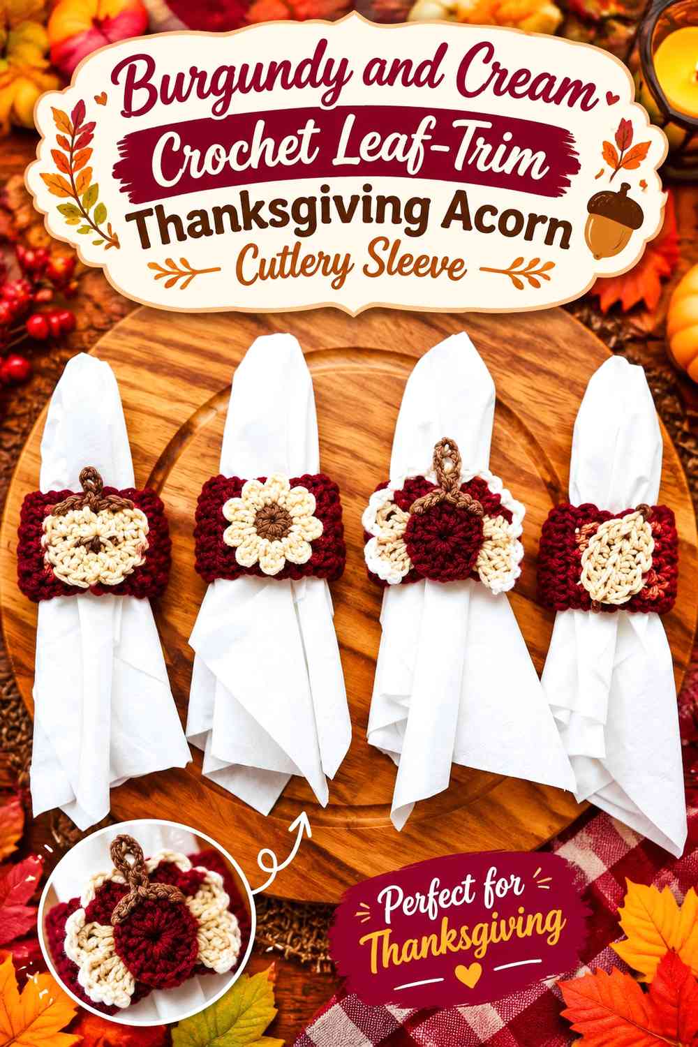 Burgundy and Cream Crochet Leaf-Trim Thanksgiving Acorn Cutlery Sleeve