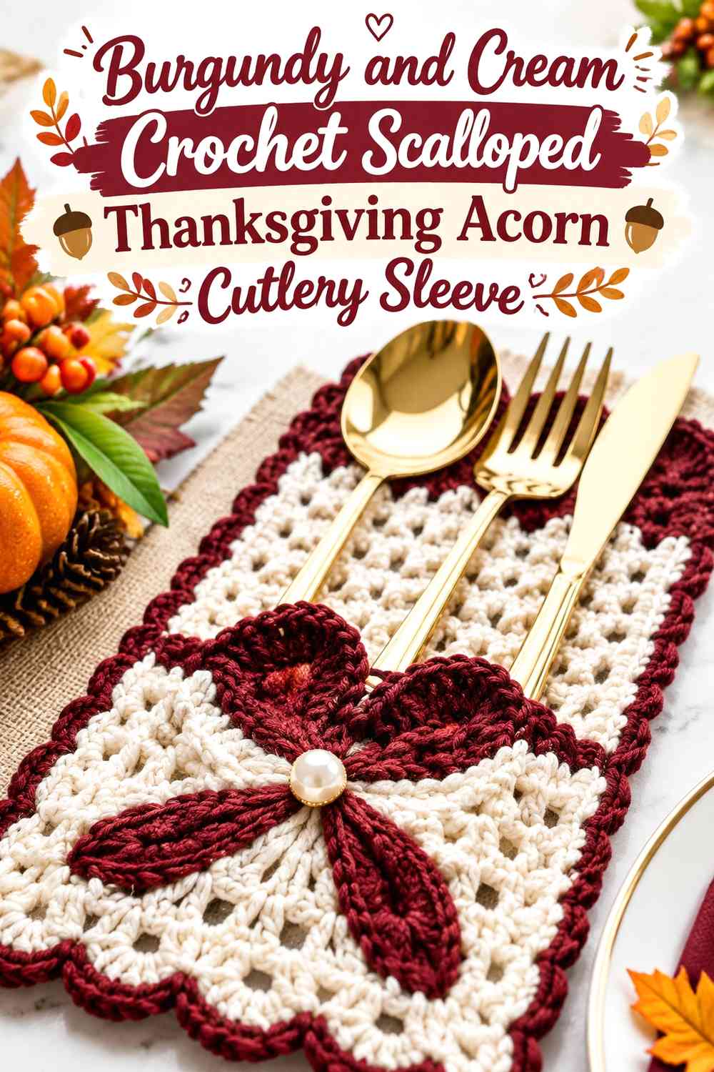 Burgundy and Cream Crochet Scalloped Thanksgiving Acorn Cutlery Sleeve