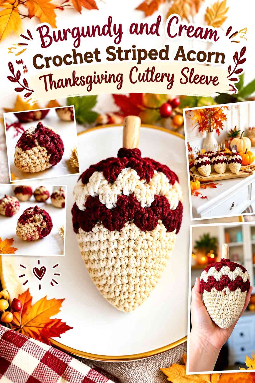 Burgundy and Cream Crochet Striped Acorn Thanksgiving Cutlery Sleeve