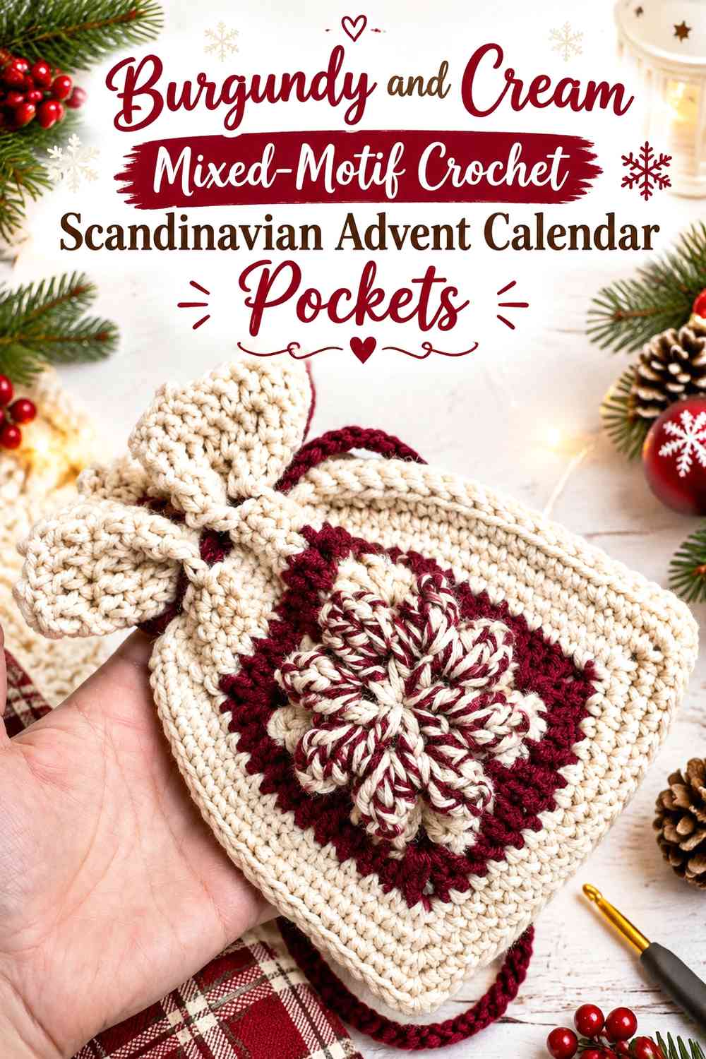 Burgundy and Cream Mixed-Motif Crochet Scandinavian Advent Calendar Pockets