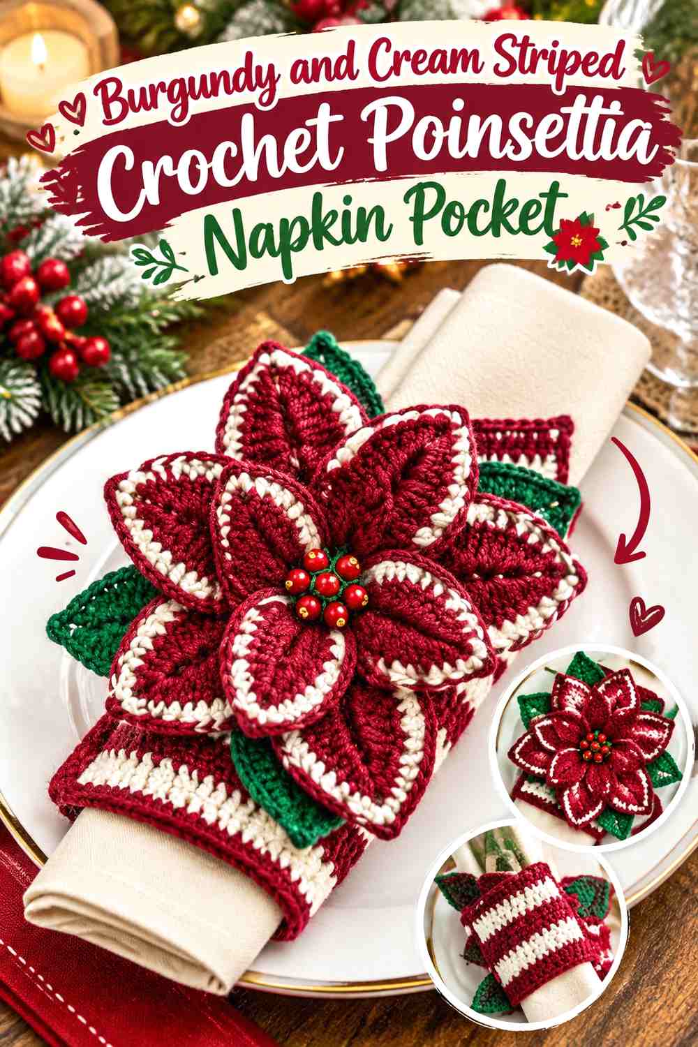 Burgundy and Cream Striped Crochet Poinsettia Napkin Pocket
