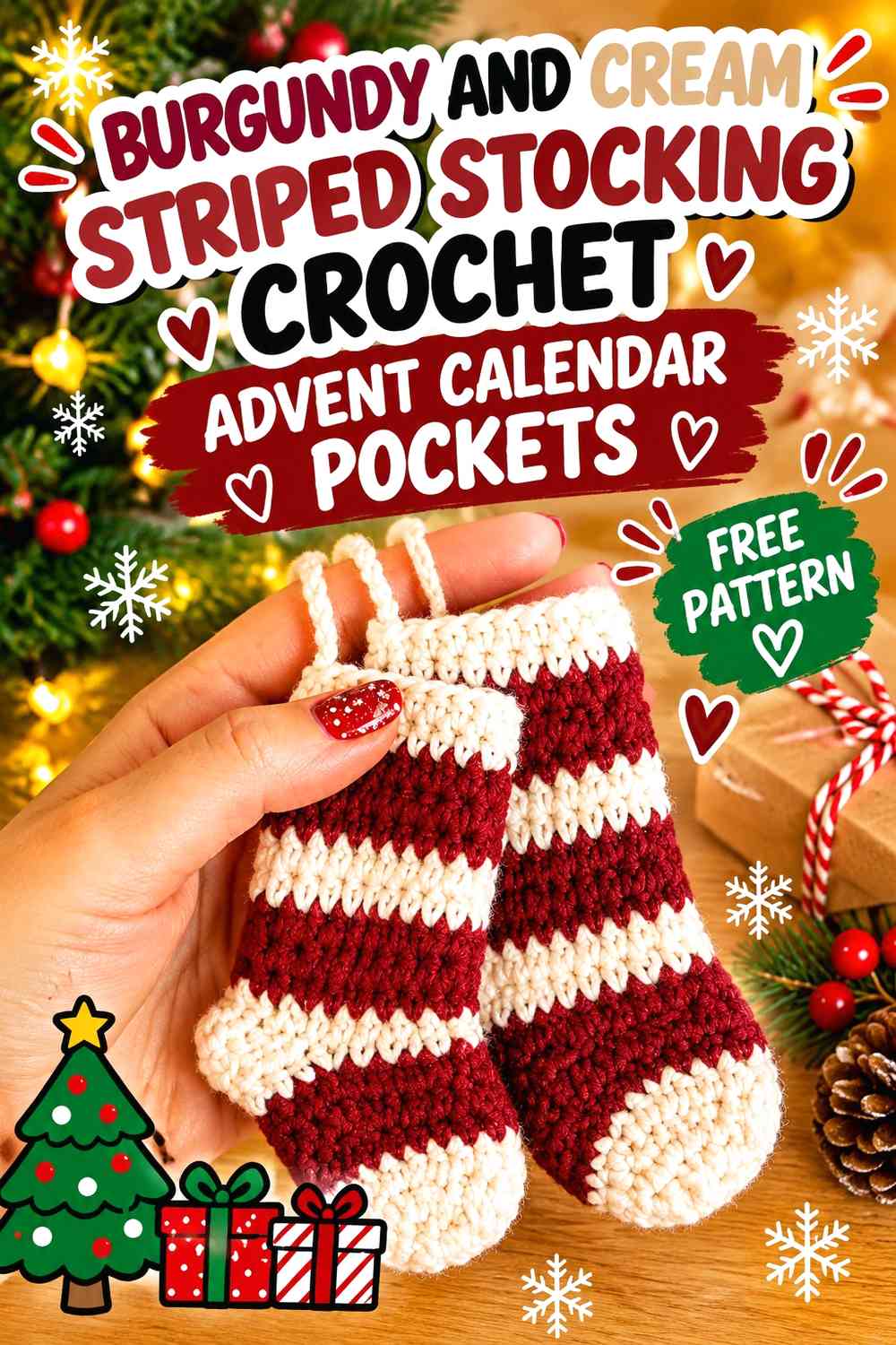 Burgundy and Cream Striped Stocking Crochet Advent Calendar Pockets