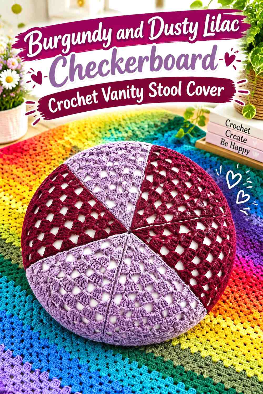 Burgundy and Dusty Lilac Checkerboard Crochet Vanity Stool Cover