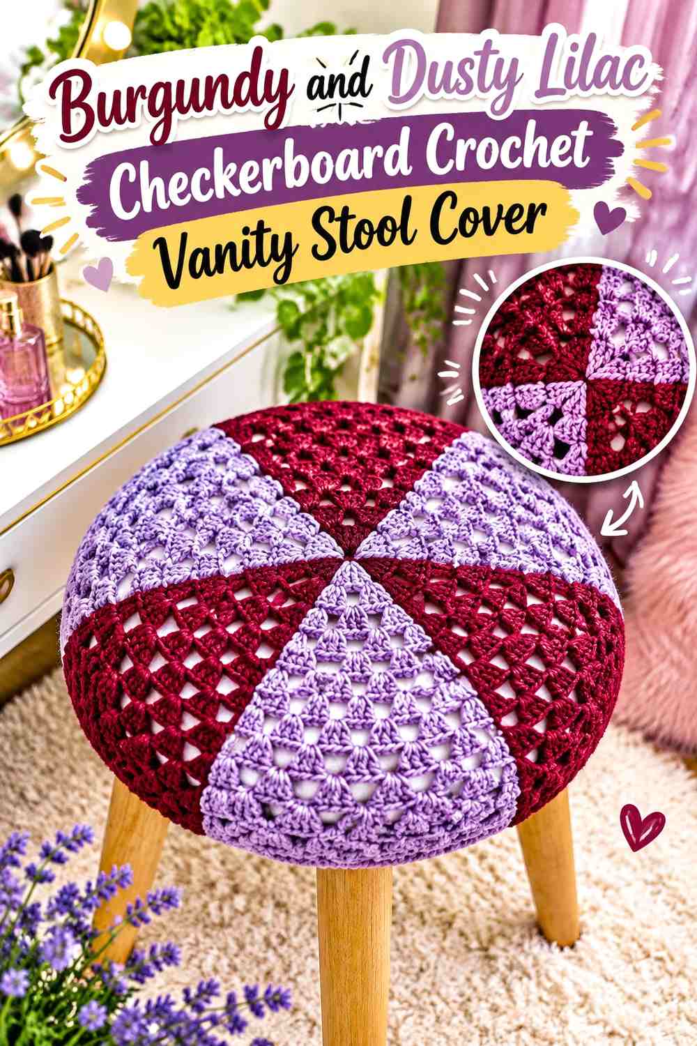 Burgundy and Dusty Lilac Checkerboard Crochet Vanity Stool Cover