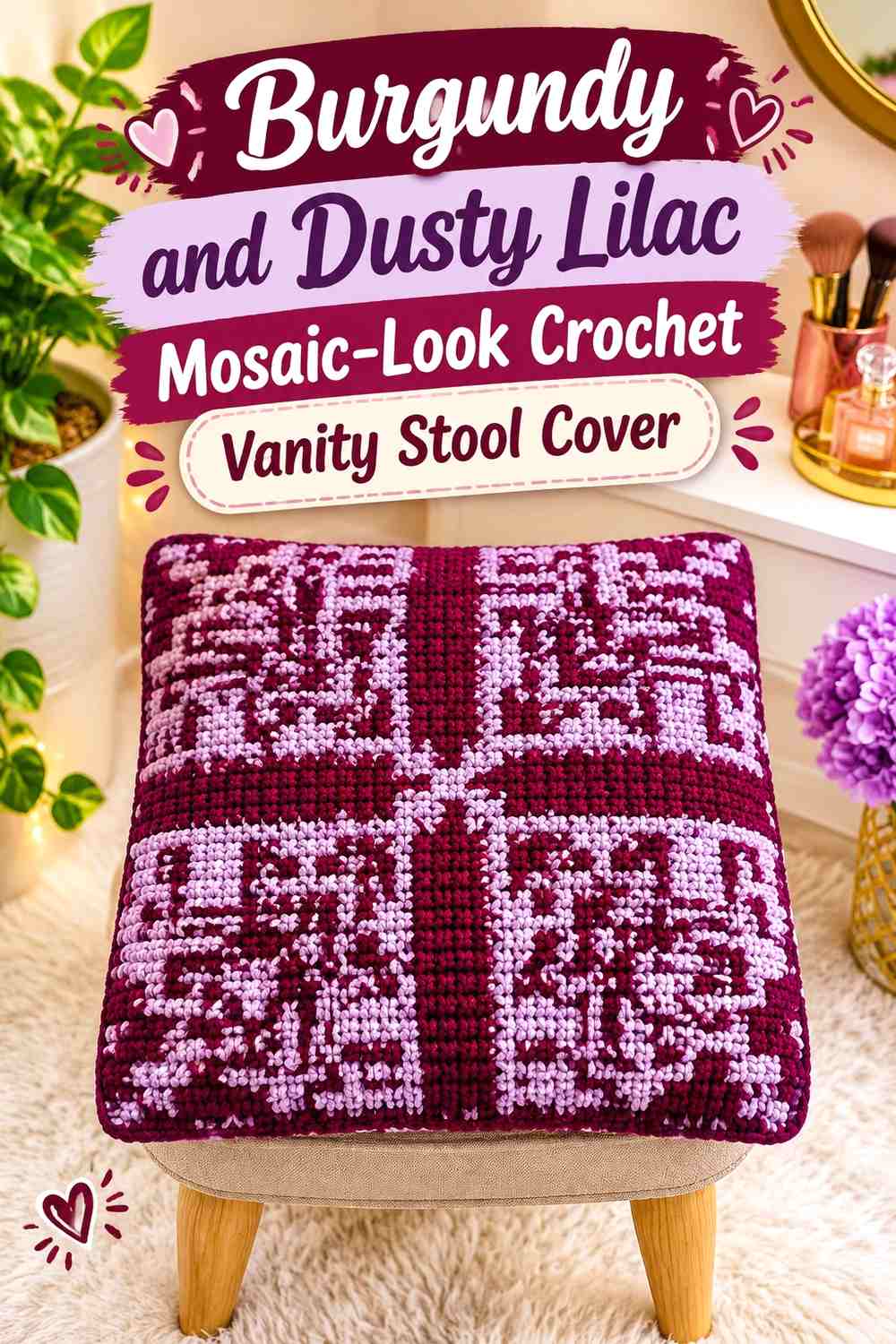 Burgundy and Dusty Lilac Mosaic-Look Crochet Vanity Stool Cover