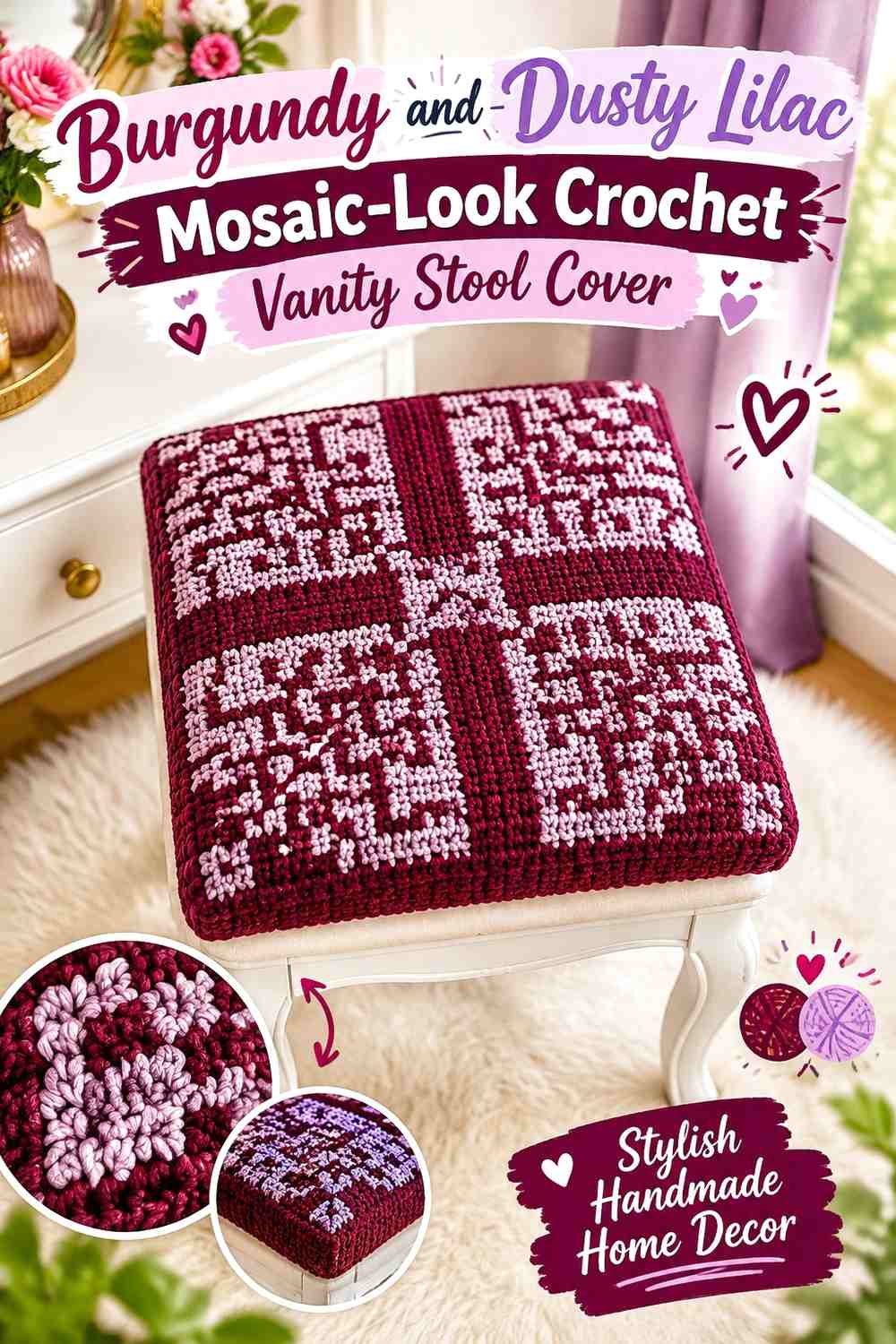 Burgundy and Dusty Lilac Mosaic-Look Crochet Vanity Stool Cover
