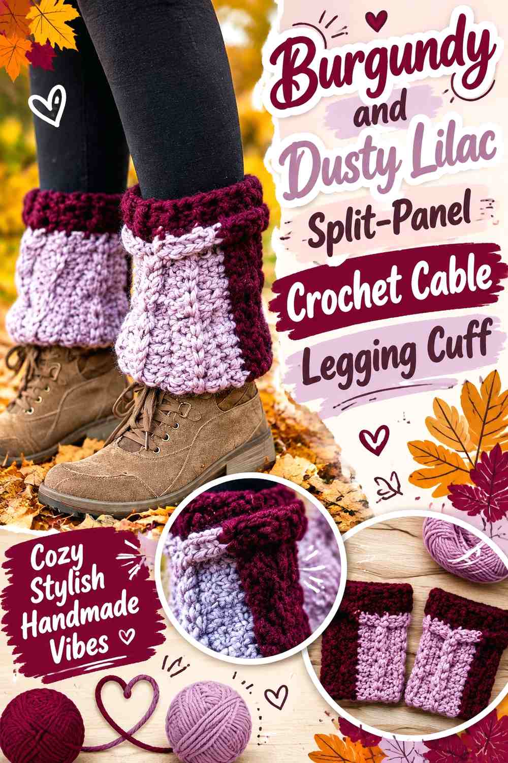 Burgundy and Dusty Lilac Split-Panel Crochet Cable Legging Cuff