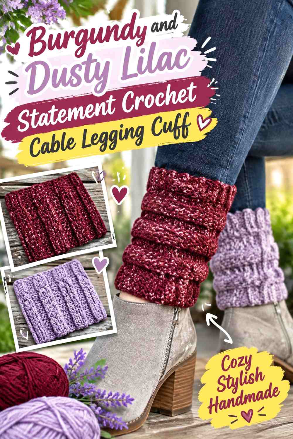 Burgundy and Dusty Lilac Statement Crochet Cable Legging Cuff