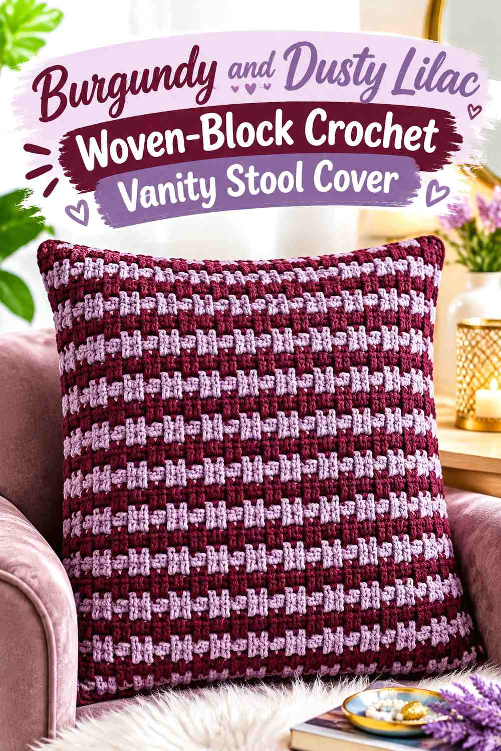 Burgundy and Dusty Lilac Woven-Block Crochet Vanity Stool Cover
