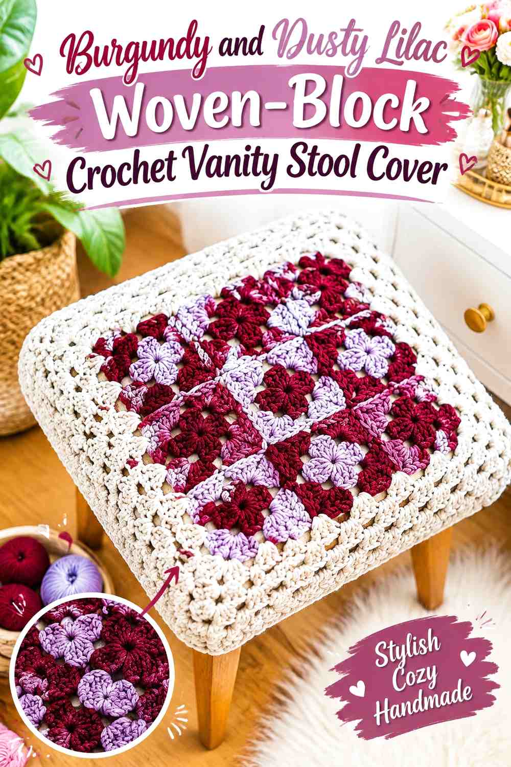 Burgundy and Dusty Lilac Woven-Block Crochet Vanity Stool Cover