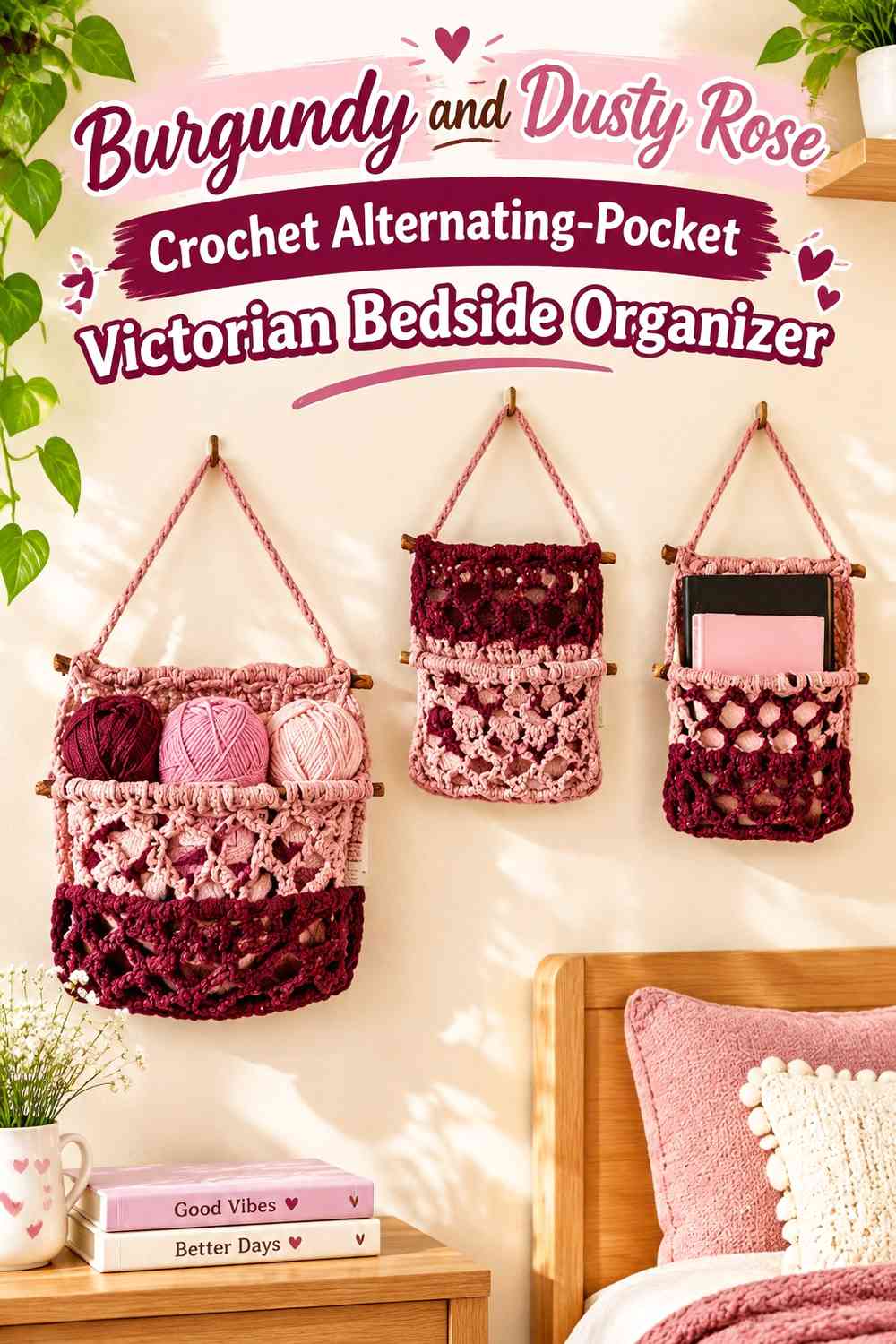 Burgundy and Dusty Rose Crochet Alternating-Pocket Victorian Bedside Organizer