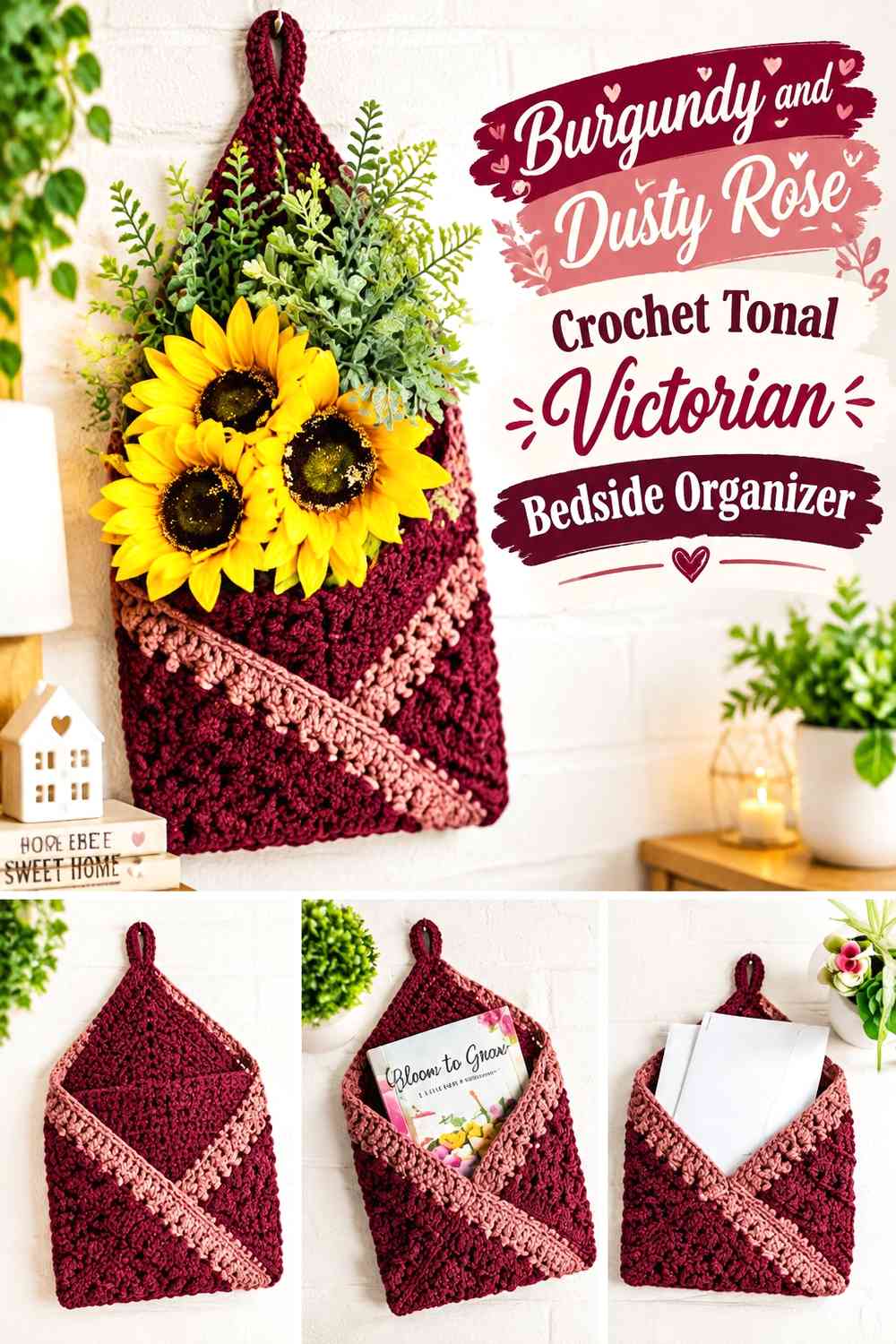 Burgundy and Dusty Rose Crochet Tonal Victorian Bedside Organizer