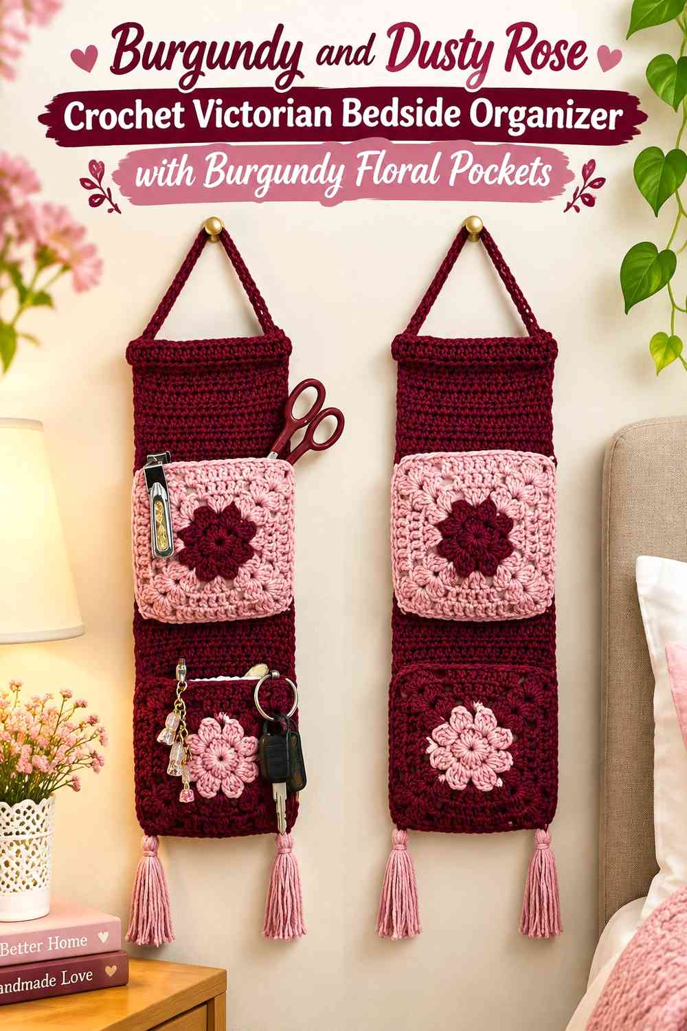 Burgundy and Dusty Rose Crochet Victorian Bedside Organizer with Burgundy Floral Pockets