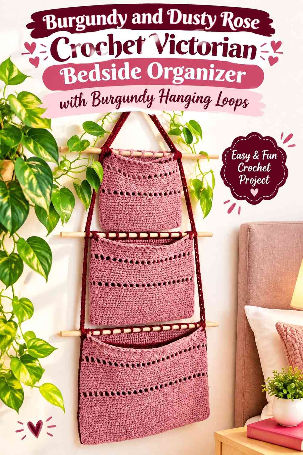 Burgundy and Dusty Rose Crochet Victorian Bedside Organizer with Burgundy Hanging Loops