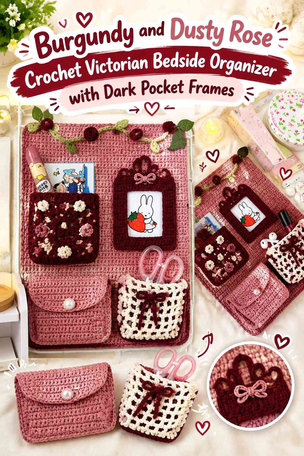 Burgundy and Dusty Rose Crochet Victorian Bedside Organizer with Dark Pocket Frames
