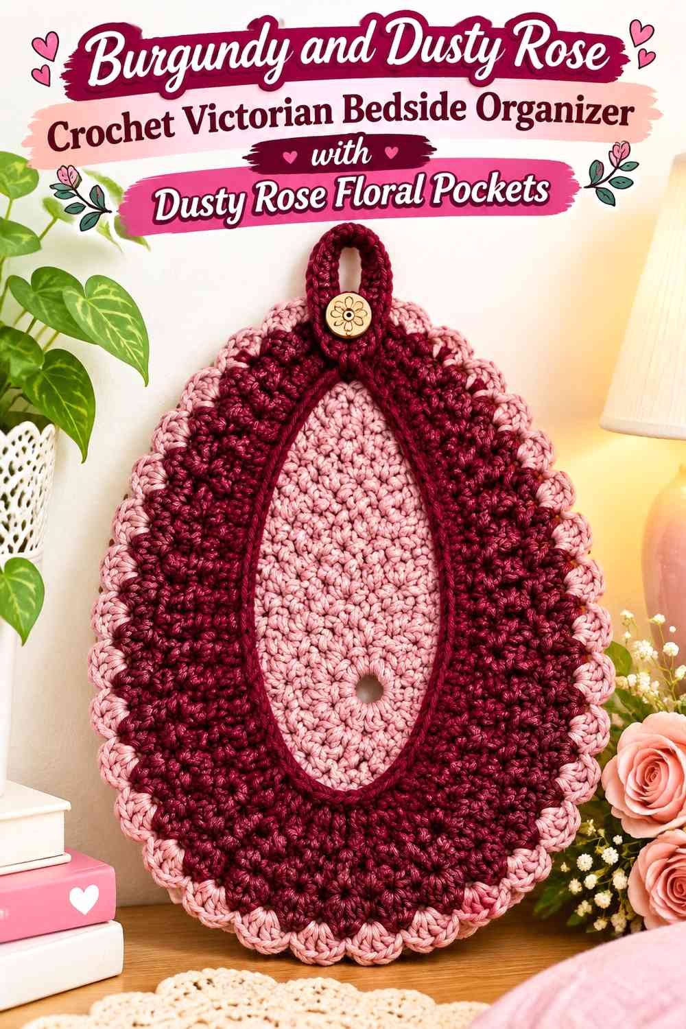 Burgundy and Dusty Rose Crochet Victorian Bedside Organizer with Dusty Rose Floral Pockets