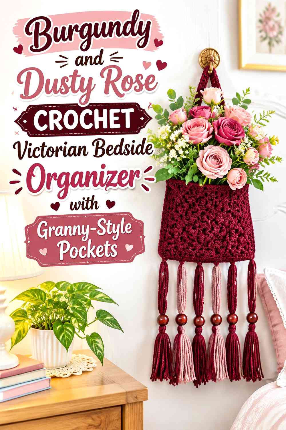 Burgundy and Dusty Rose Crochet Victorian Bedside Organizer with Granny-Style Pockets