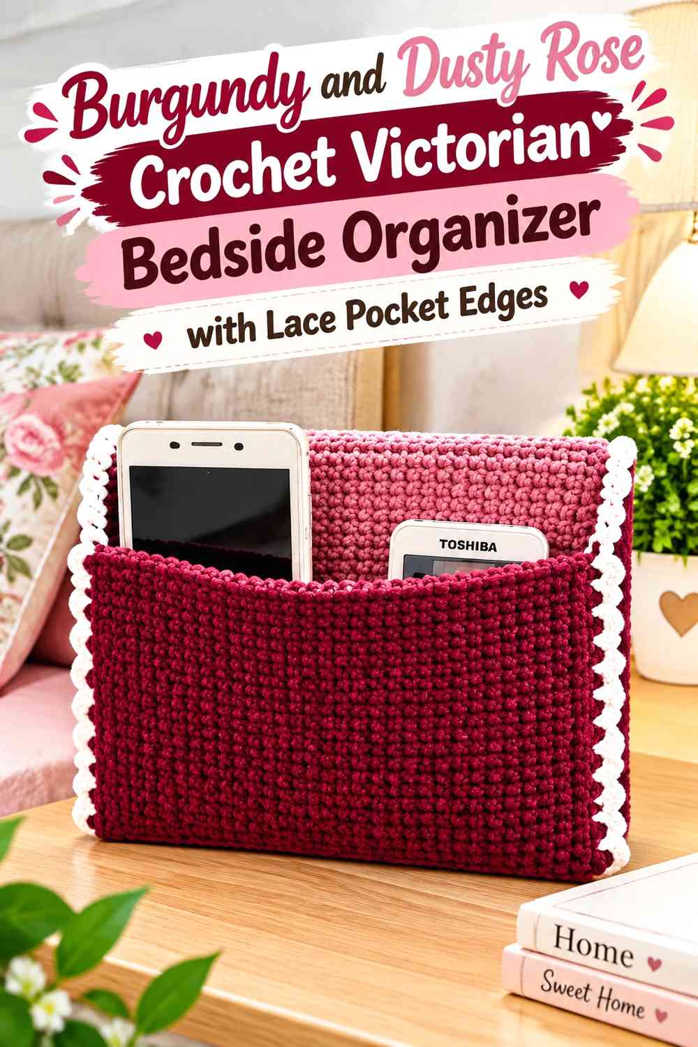 Burgundy and Dusty Rose Crochet Victorian Bedside Organizer with Lace Pocket Edges