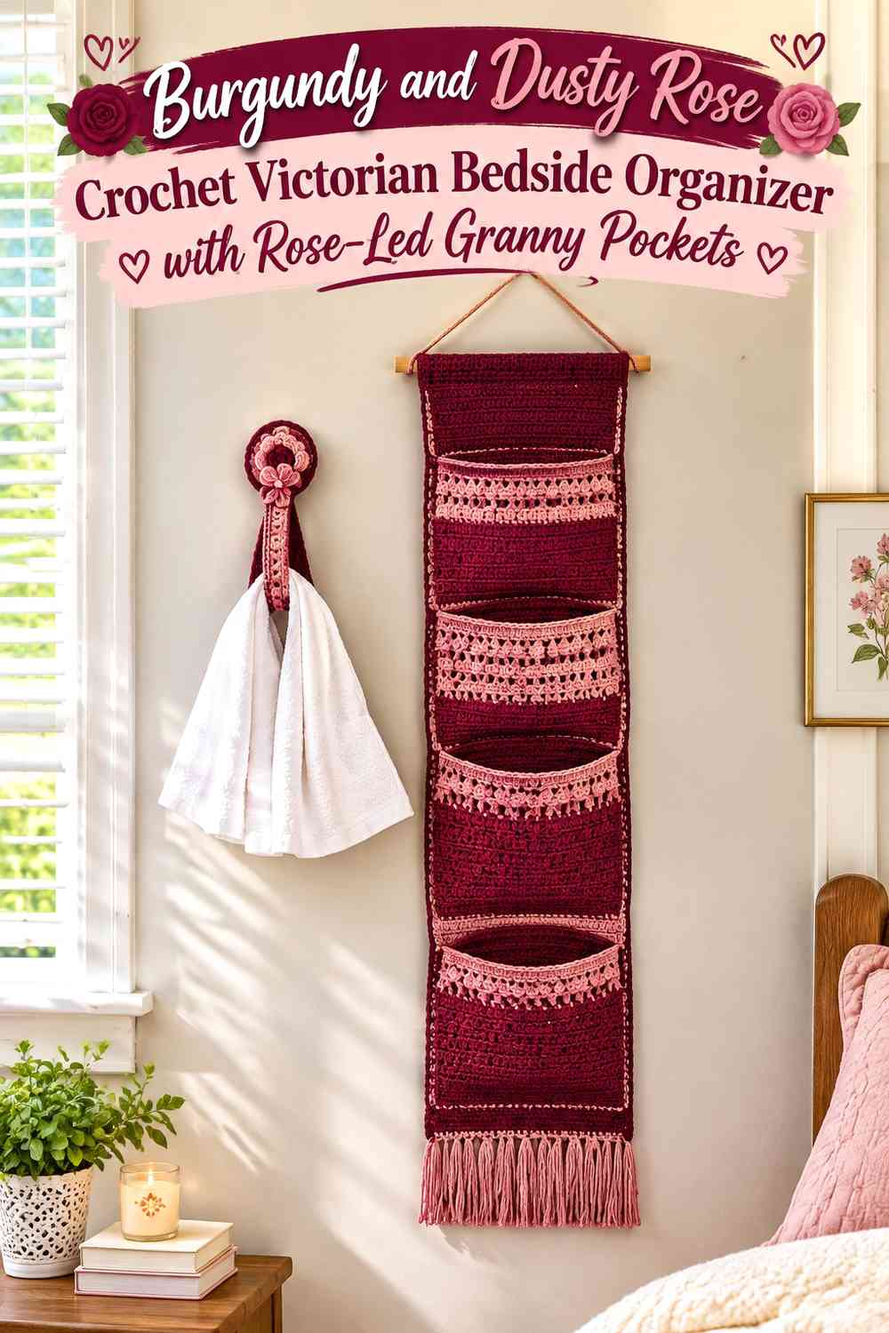 Burgundy and Dusty Rose Crochet Victorian Bedside Organizer with Rose-Led Granny Pockets
