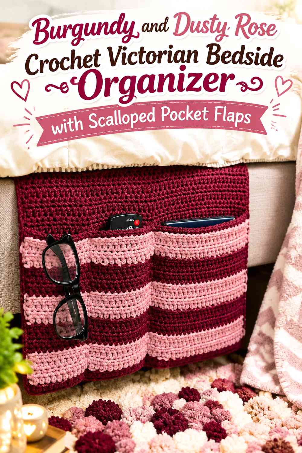 Burgundy and Dusty Rose Crochet Victorian Bedside Organizer with Scalloped Pocket Flaps