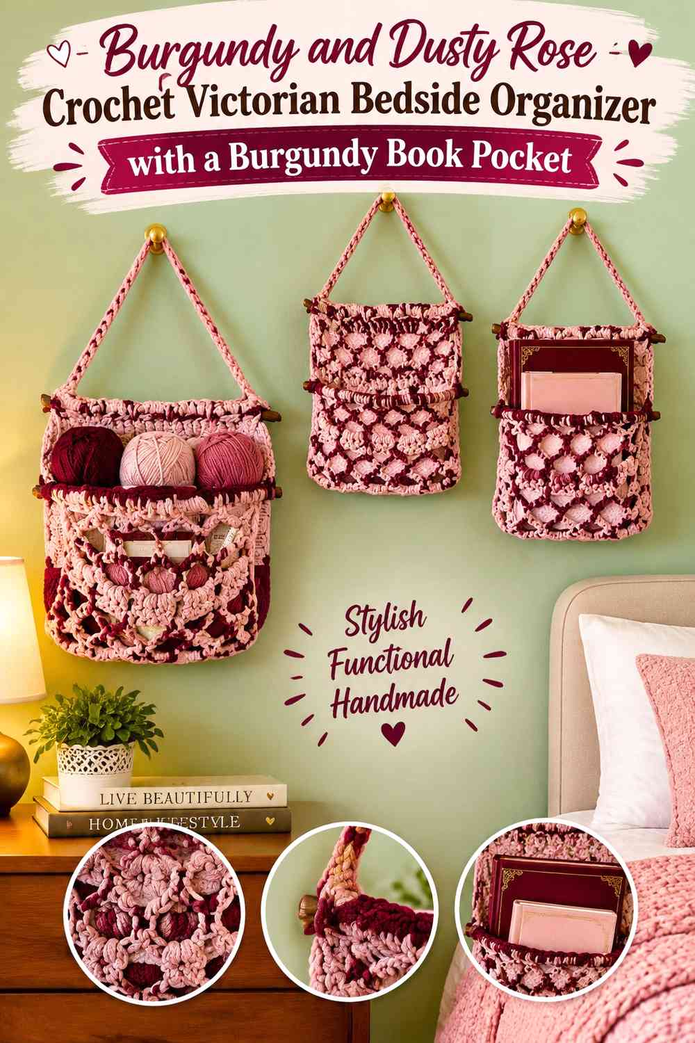 Burgundy and Dusty Rose Crochet Victorian Bedside Organizer with a Burgundy Book Pocket