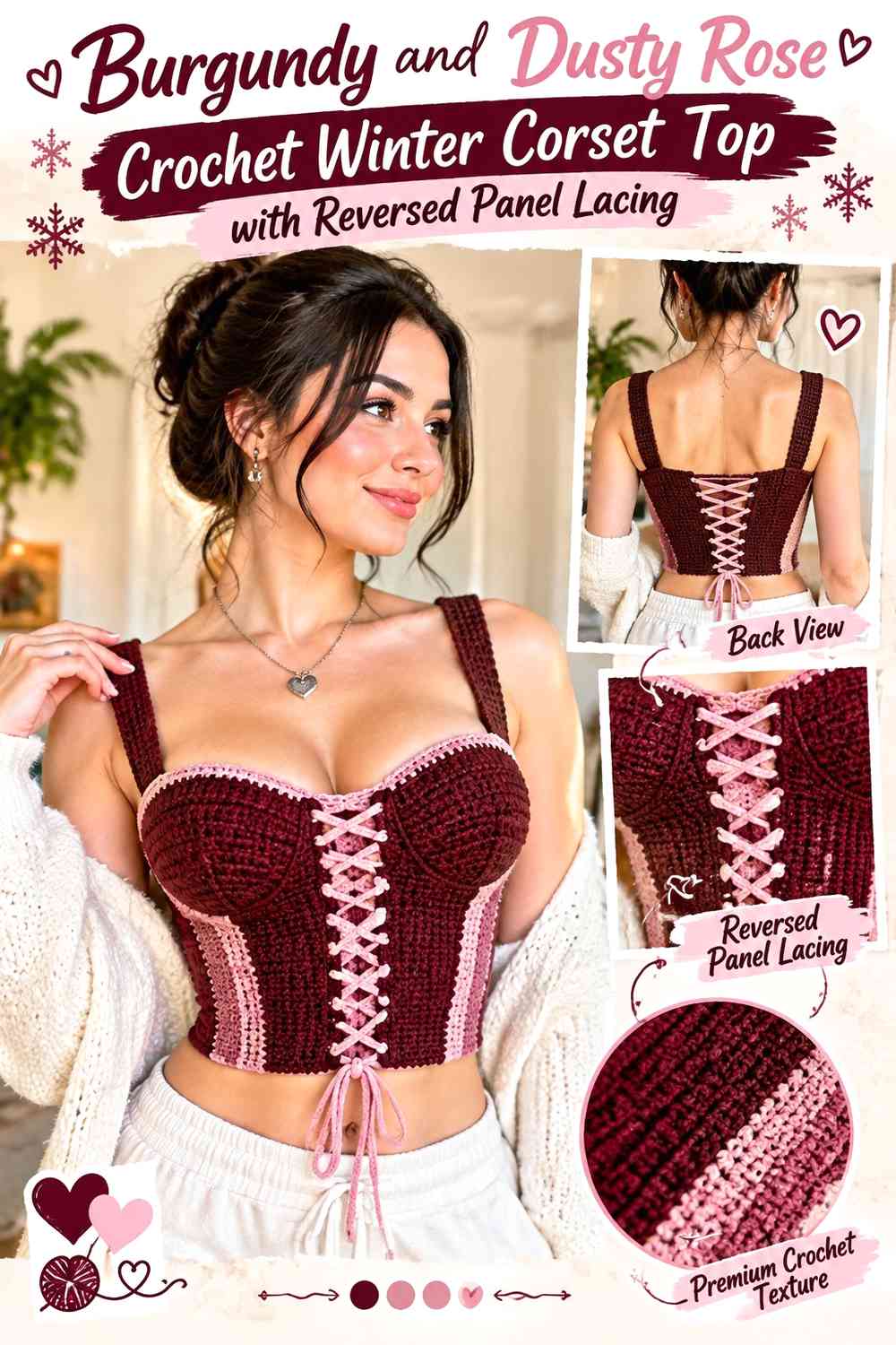 Burgundy and Dusty Rose Crochet Winter Corset Top with Reversed Panel Lacing