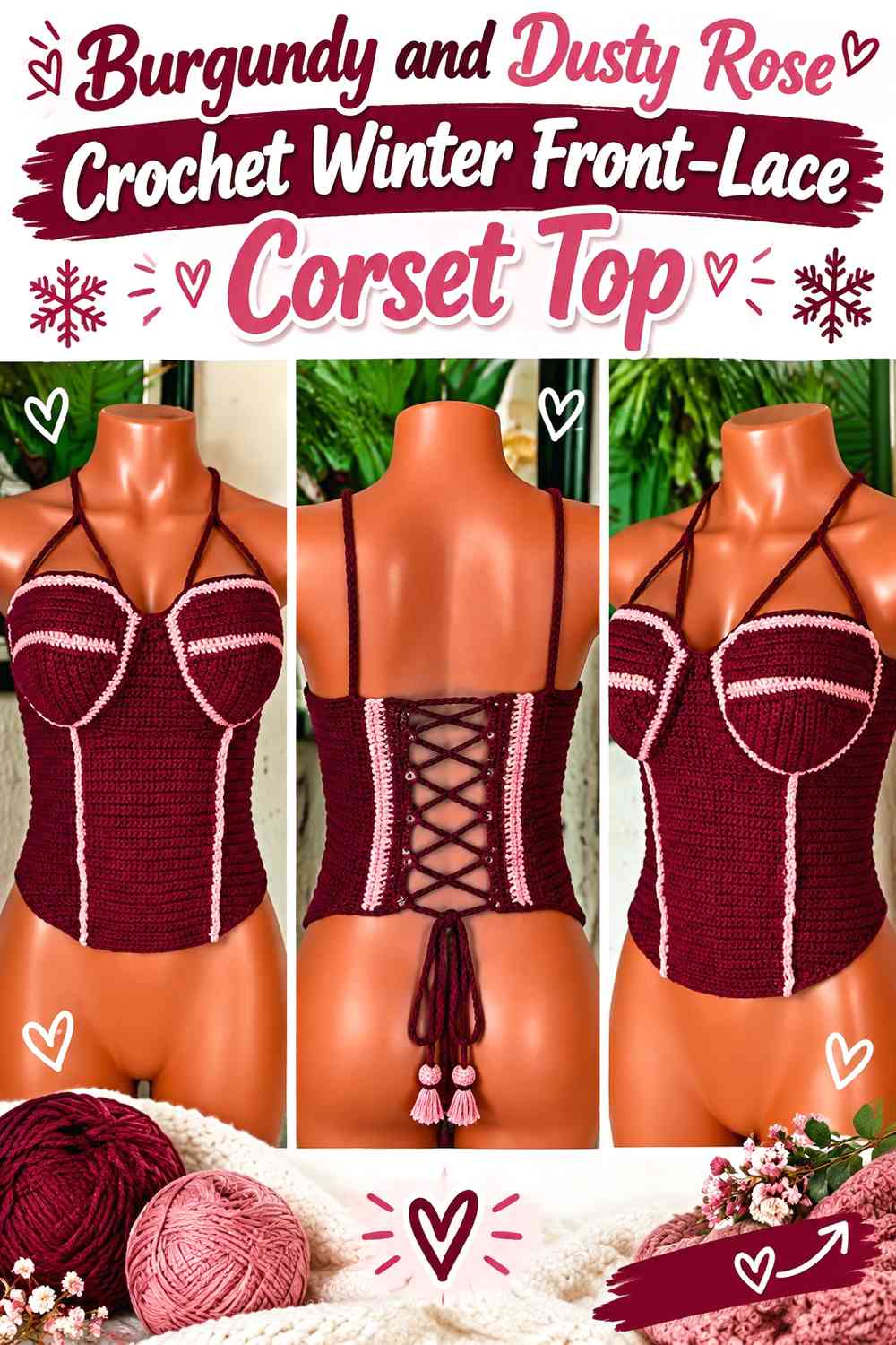 Burgundy and Dusty Rose Crochet Winter Front-Lace Corset Top